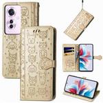 ForOPPO Reno11 F 5G Cat and Dog Embossed Leather Phone Case(Gold)