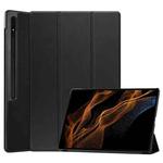 For Samsung Galaxy Tab S9 Ultra JUNSUNMAY Custer Solid Color 3-Fold Stand Leather Smart Tablet Case(Black)