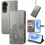 For Honor 90 Lite Four-leaf Clasp Embossed Buckle Leather Phone Case(Gray)