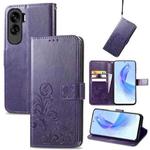 For Honor 90 Lite Four-leaf Clasp Embossed Buckle Leather Phone Case(Purple)