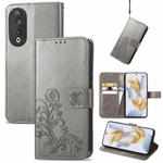 For Honor 90 5G Four-leaf Clasp Embossed Buckle Leather Phone Case(Gray)