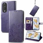 For Honor 90 5G Four-leaf Clasp Embossed Buckle Leather Phone Case(Purple)