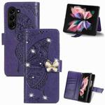 For  Samsung Galaxy Z Fold5  5G Rhinestones Butterfly Love Flower Embossed Leather Phone Case(Dark Purple)