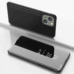 For iPhone 15 Plated Mirror Horizontal Flip Leather Phone Case with Holder(Black)