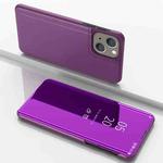 For iPhone 15 Plated Mirror Horizontal Flip Leather Phone Case with Holder(Purple)
