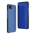 For iPhone 16e Plated Mirror Horizontal Flip Leather Phone Case with Holder(Blue)
