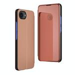 For iPhone 16e Plated Mirror Horizontal Flip Leather Phone Case with Holder(Rose Gold)