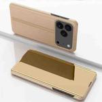 For iPhone 17 Pro Max Plated Mirror Horizontal Flip Leather Phone Case with Holder(Gold)