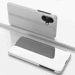 For iPhone 17 Plated Mirror Horizontal Flip Leather Phone Case with Holder(Silver)