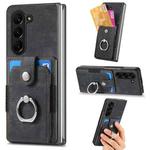 For Samsung Galaxy Z Fold6 5G Retro Skin-feel Ring Multi-card Wallet Phone Case(Black)