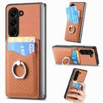 For Samsung Galaxy Z Fold5 5G Carbon Fiber Card Wallet Ring Holder Phone Case(Brown)