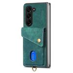 For Samsung Galaxy Z Fold5 5G Retro Card Wallet Fold Leather Phone Case with Strap(Green)