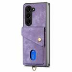 For Samsung Galaxy Z Fold5 5G Retro Card Wallet Fold Leather Phone Case with Strap(Purple)