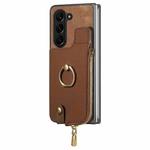 For  Samsung Galaxy Z Fold5 5G Retro Zipper Wallet Ring Leather Phone Case(Brown)