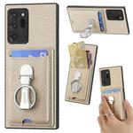 For Samsung Galaxy Note 20 Ultra Carbon Fiber Card Wallet Folding Ring Holder Phone Case(Khaki)