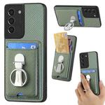 For Samsung Galaxy S21+ 5G Carbon Fiber Card Wallet Folding Ring Holder Phone Case(Green)