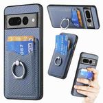 For Google Pixel 7 Pro Carbon Fiber Card Wallet Ring Holder Phone Case(Blue)