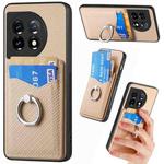 For OnePlus 11 Carbon Fiber Card Wallet Ring Holder Phone Case(Khaki)