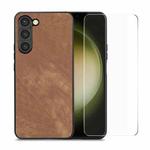 For Samsung Galaxy S23+ 5G ENKAY Retro Leather Skin PC Phone Case with 0.18mm Glass Film(Brown)