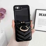 For Samsung Galaxy Z Flip5 5G V-shaped Pattern Leather Ring Holder Shockproof Phone Case(Black)