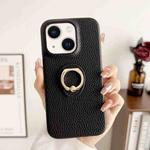 For iPhone 15 Plus Litchi Texture Ring Holder Shockproof Phone Case(Black)