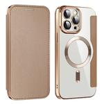 For iPhone 15 Pro Shield MagSafe RFID Anti-theft Leather Phone Case(Desert Gold)