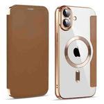 For iPhone 16 Plus Shield MagSafe RFID Anti-theft Leather Phone Case(Brown)