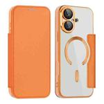 For iPhone 16 Plus Shield MagSafe RFID Anti-theft Leather Phone Case(Orange)