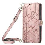 For iPhone 12 Pro Geometric Zipper Wallet Side Buckle Leather Phone Case with Crossbody Lanyard(Pink)