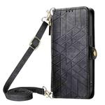 For iPhone 14 Geometric Zipper Wallet Side Buckle Leather Phone Case with Crossbody Lanyard(Black)