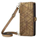 For iPhone 14 Pro Geometric Zipper Wallet Side Buckle Leather Phone Case with Crossbody Lanyard(Brown)