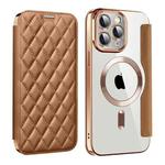 For iPhone 11 Pro Max Shield Magsafe RFID Anti-theft Rhombus Leather Phone Case(Brown)