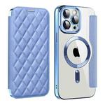 For iPhone 12 Pro Max Shield Magsafe RFID Anti-theft Rhombus Leather Phone Case(Blue)