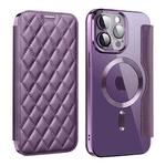 For iPhone 13 Pro Shield Magsafe RFID Anti-theft Rhombus Leather Phone Case(Purple)