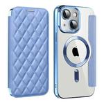 For iPhone 14 Shield Magsafe RFID Anti-theft Rhombus Leather Phone Case(Blue)
