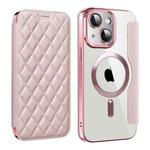 For iPhone 14 Plus Shield Magsafe RFID Anti-theft Rhombus Leather Phone Case(Pink)