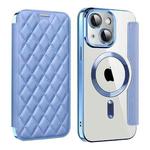 For iPhone 14 Plus Shield Magsafe RFID Anti-theft Rhombus Leather Phone Case(Blue)