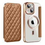 For iPhone 14 Plus Shield Magsafe RFID Anti-theft Rhombus Leather Phone Case(Brown)