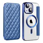 For iPhone 14 Plus Shield Magsafe RFID Anti-theft Rhombus Leather Phone Case(Dark Blue)