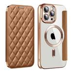 For iPhone 14 Pro Shield Magsafe RFID Anti-theft Rhombus Leather Phone Case(Brown)