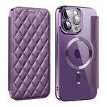 For iPhone 14 Pro Max Shield Magsafe RFID Anti-theft Rhombus Leather Phone Case(Purple)