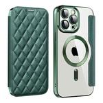 For iPhone 14 Pro Max Shield Magsafe RFID Anti-theft Rhombus Leather Phone Case(Green)