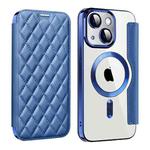 For iPhone 15 Shield Magsafe RFID Anti-theft Rhombus Leather Phone Case(Dark Blue)