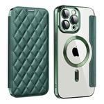 For iPhone 15 Pro Shield Magsafe RFID Anti-theft Rhombus Leather Phone Case(Green)