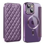 For iPhone 15 Plus Shield Magsafe RFID Anti-theft Rhombus Leather Phone Case(Purple)