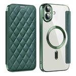 For iPhone 16 Plus Shield Magsafe RFID Anti-theft Rhombus Leather Phone Case(Green)