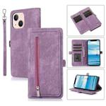 For iPhone 15 Plus Zipper Card Slot Buckle Wallet Leather Phone Case(Purple)