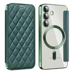 For Samsung Galaxy S25 5G Shield MagSafe RFID Anti-theft Rhombus Leather Phone Case(Green)