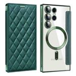 For Samsung Galaxy S25 Ultra 5G Shield MagSafe RFID Anti-theft Rhombus Leather Phone Case(Green)