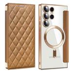 For Samsung Galaxy S25 Ultra 5G Shield MagSafe RFID Anti-theft Rhombus Leather Phone Case(Brown)